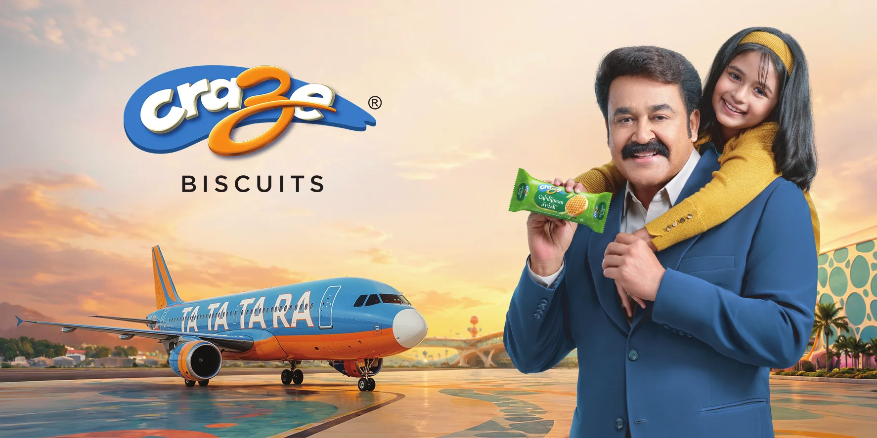 Craze Cardamom Fresh banner with Mohanlal and Air India Express aircraft