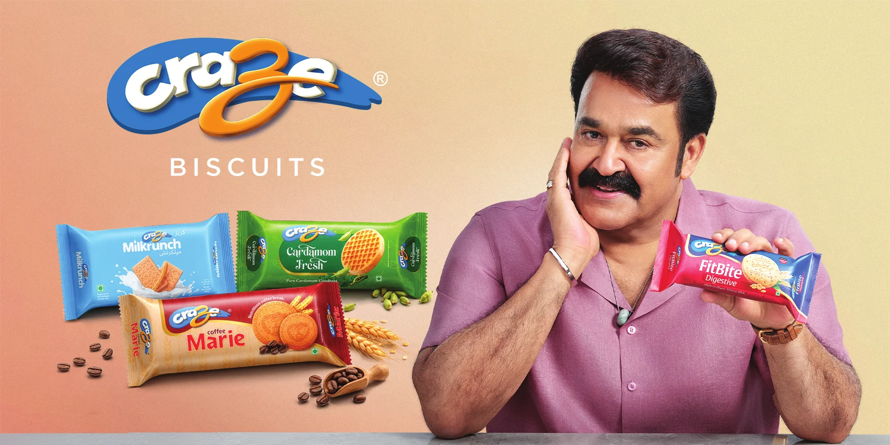 Craze Choco Marie, Cardamom Fresh, Milkrunch, and FitBite biscuits with Mohanlal