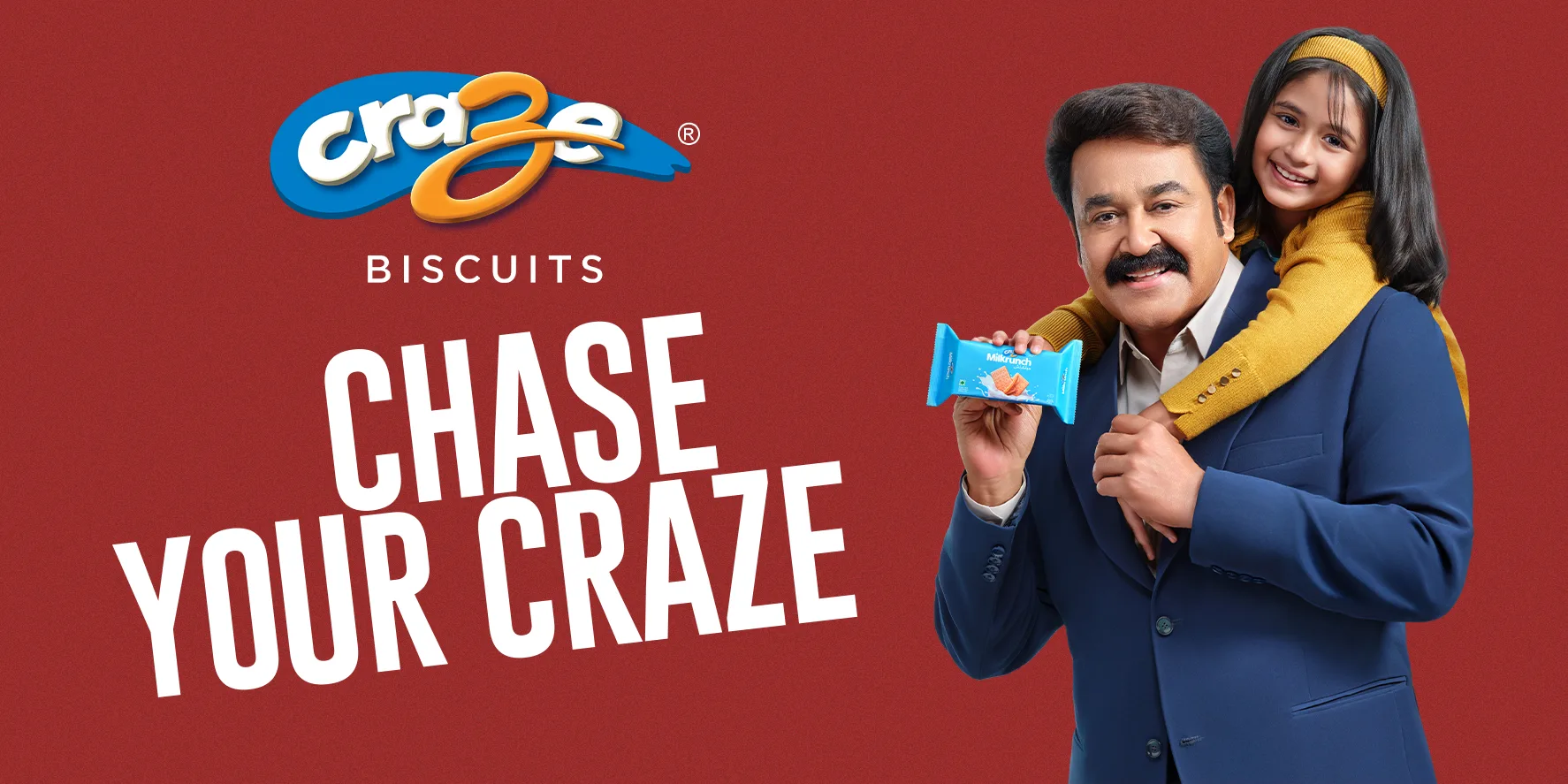 Craze Biscuits Chase Your Craze Milkrunch banner with Mohanlal